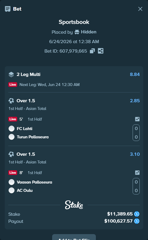 Bet slip: FC Lahti - Turun Palloseura, $11,389.65 stake at 2.85 odds, placed by Hidden