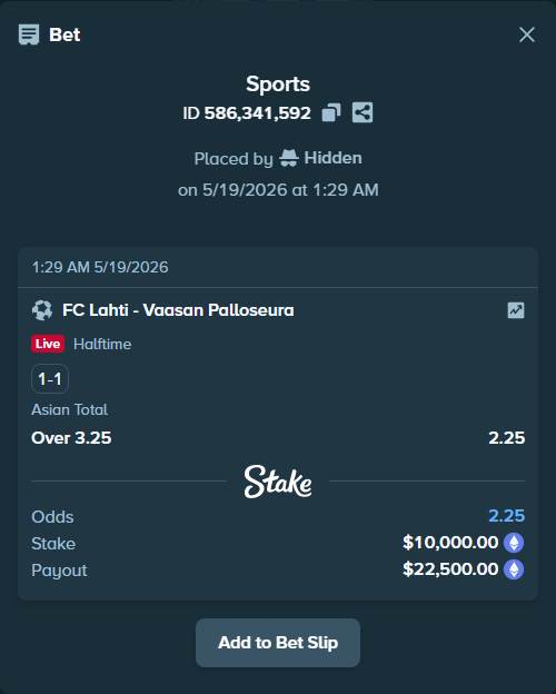 Bet slip: FC Lahti - Vaasan Palloseura, $8,242.30 stake at 2.25 odds, placed by Hidden
