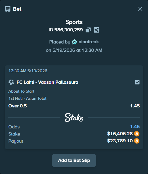Bet slip: FC Lahti - Vaasan Palloseura, $13,784.68 stake at 1.45 odds, placed by ninafreak