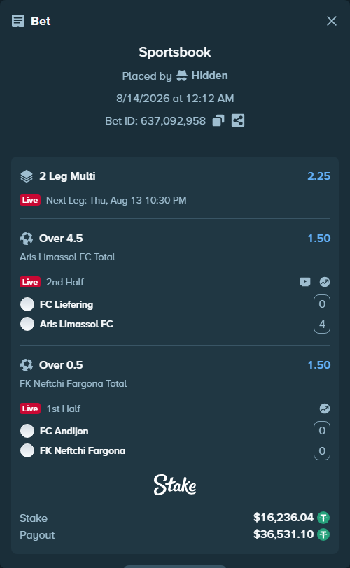 Bet slip: FC Liefering - Aris Limassol FC, $16,252.28 stake at 1.50 odds, placed by Hidden