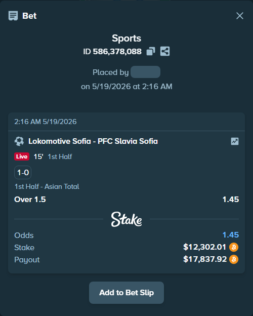 Bet slip: FC Lokomotiv 1929 Sofia - PFC Slavia Sofia, $10,336.25 stake at 1.45 odds, placed by ninafreak