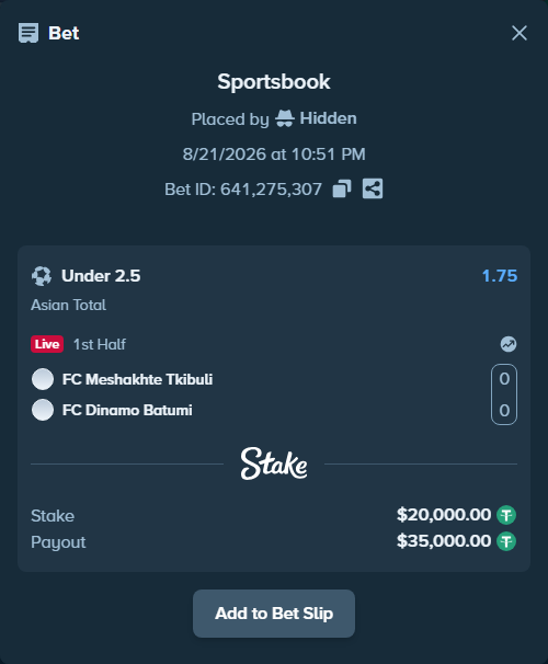 Bet slip: FC Meshakhte Tkibuli - FC Dinamo Batumi, $20,000.00 stake at 1.75 odds, placed by Hidden