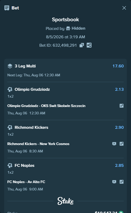 Bet slip: FC Naples - Av Alta FC, $19,666.89 stake at 2.85 odds, placed by Hidden