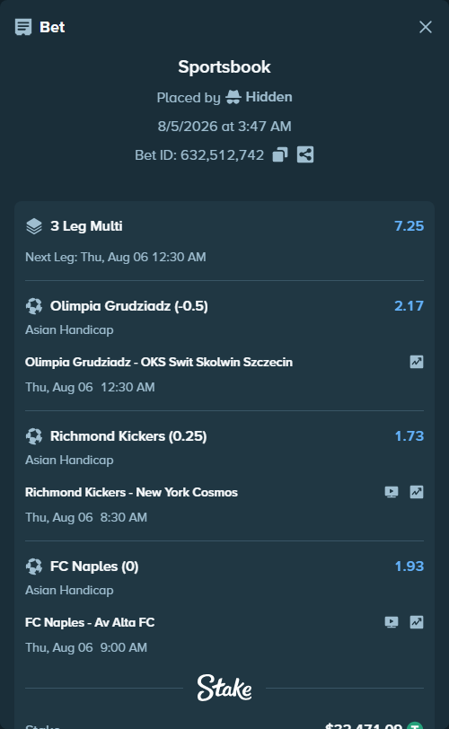 Bet slip: FC Naples - Av Alta FC, $32,503.57 stake at 1.93 odds, placed by Hidden