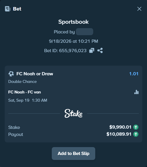 Bet slip: FC Noah Yerevan - FC Van Charentsavan, $10,000.00 stake at 1.01 odds, placed by auerma302