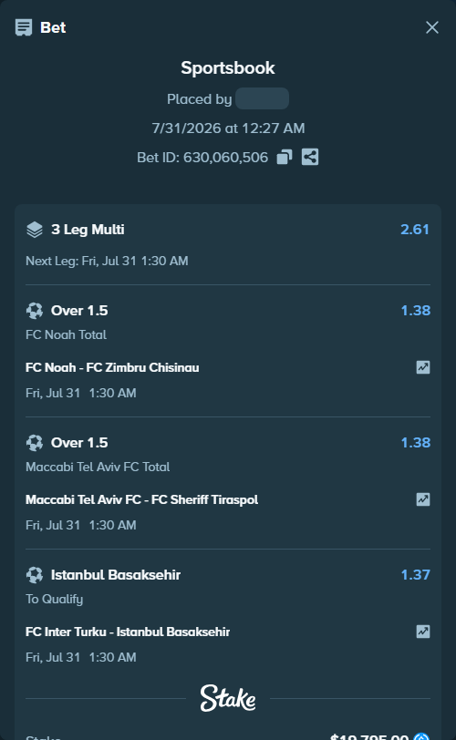 Bet slip: FC Noah Yerevan - FC Zimbru Chisinau, $19,795.00 stake at 1.38 odds, placed by TeslaKesla22