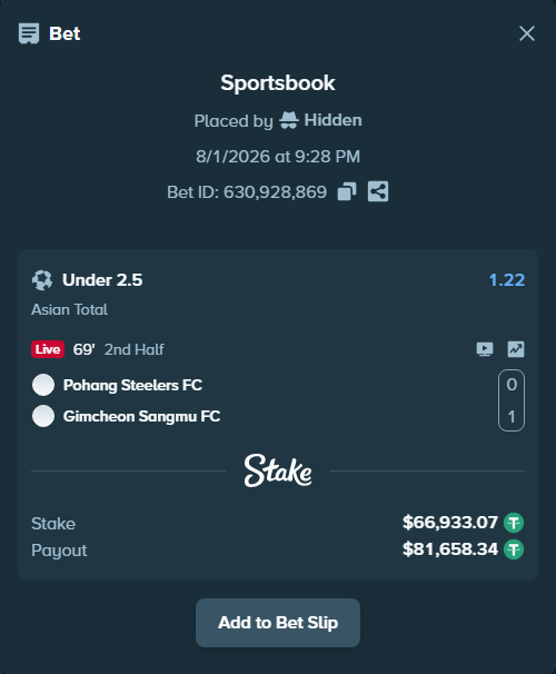 Bet slip: FC Pohang Steelers - Gimcheon Sangmu FC, $67,000.00 stake at 1.22 odds, placed by Hidden