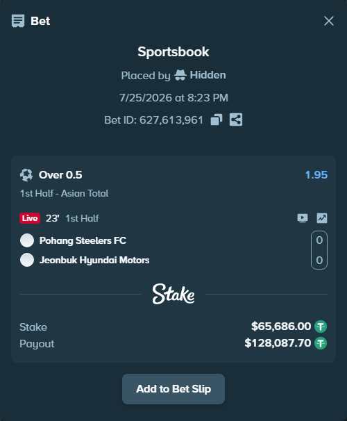 Bet slip: FC Pohang Steelers - Jeonbuk FC, $65,751.69 stake at 1.95 odds, placed by Hidden