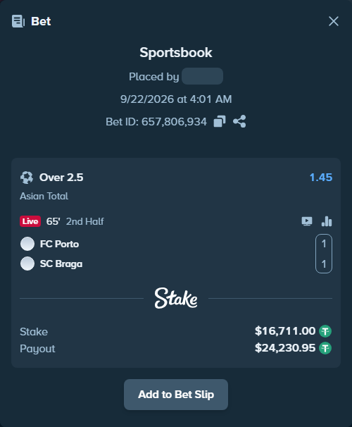 Bet slip: FC Porto - SC Braga, $16,711.00 stake at 1.45 odds, placed by tlwns4736