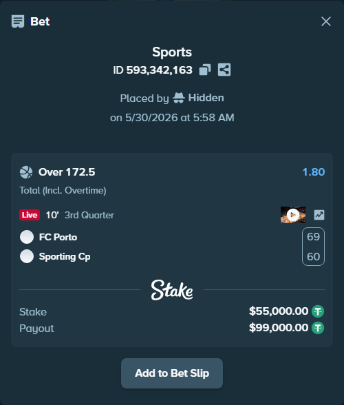 Bet slip: FC Porto - Sporting Cp, $55,055.00 stake at 1.80 odds, placed by Hidden