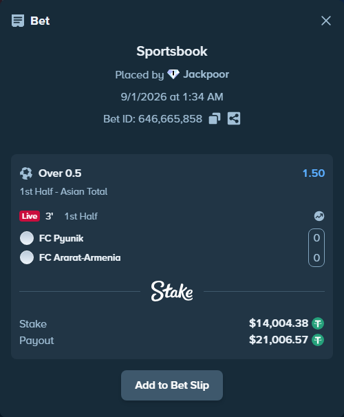 Bet slip: FC Pyunik Yerevan - FC Ararat-Armenia, $14,004.38 stake at 1.50 odds, placed by Jackpoor