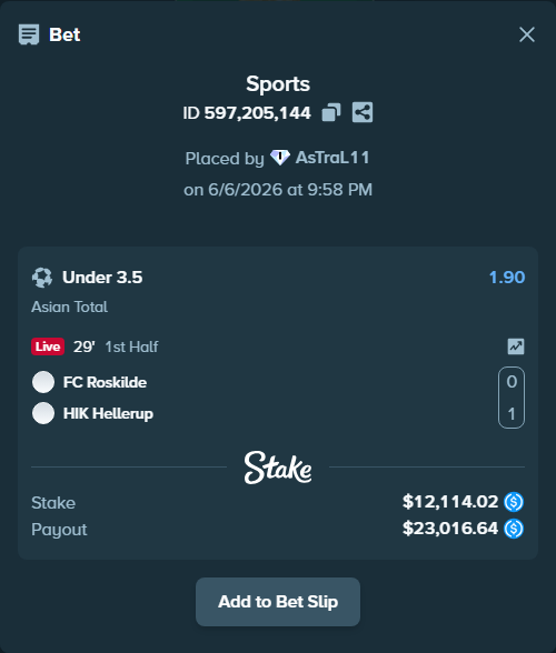 Bet slip: FC Roskilde - HIK Hellerup, $12,114.02 stake at 1.90 odds, placed by AsTraL11