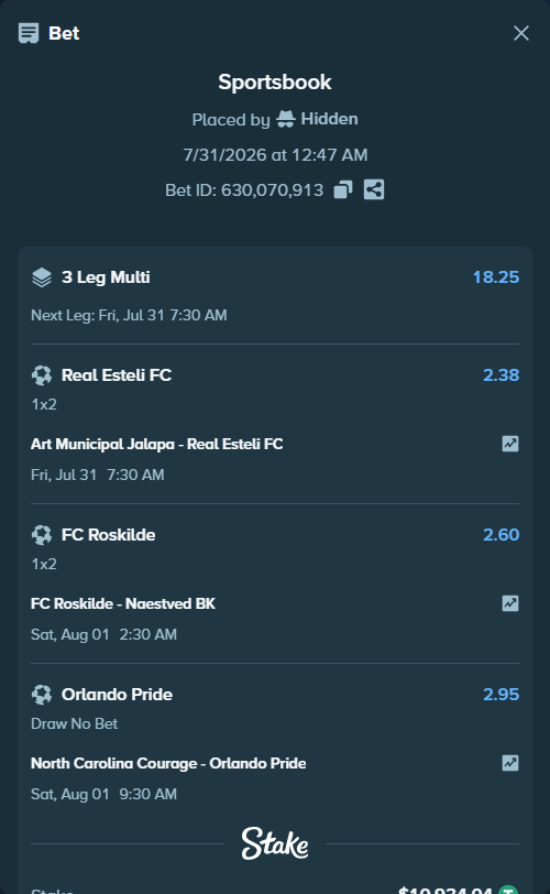 Bet slip: FC Roskilde - Naestved BK, $10,944.98 stake at 2.60 odds, placed by Hidden