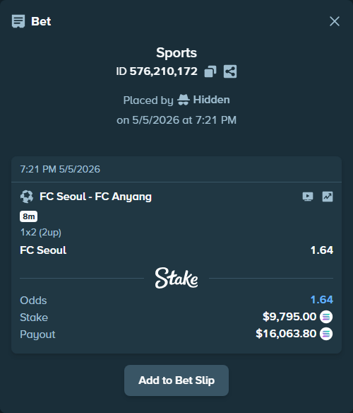 Bet slip: FC Seoul - FC Anyang, $8,519.12 stake at 1.64 odds, placed by Hidden