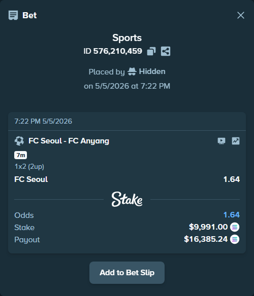 Bet slip: FC Seoul - FC Anyang, $8,689.59 stake at 1.64 odds, placed by Hidden
