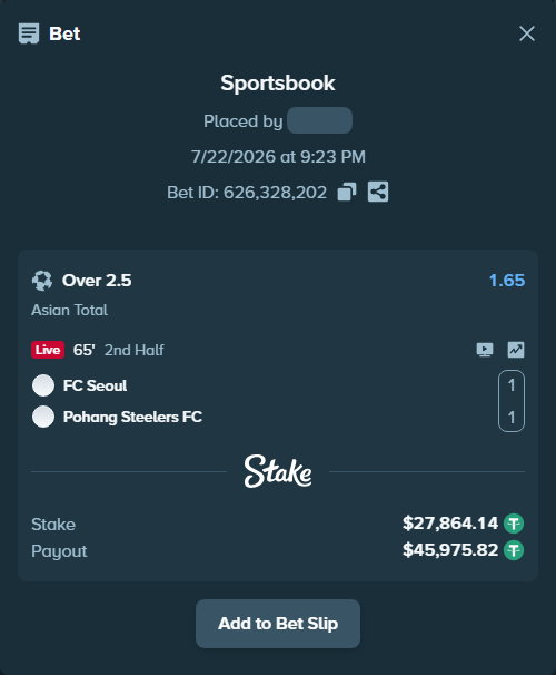 Bet slip: FC Seoul - FC Pohang Steelers, $27,892.00 stake at 1.65 odds, placed by SH7N28