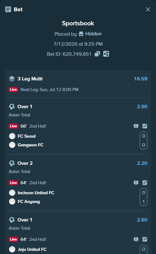 Bet slip: FC Seoul - Gangwon FC, $50,000.00 stake at 2.90 odds, placed by Hidden