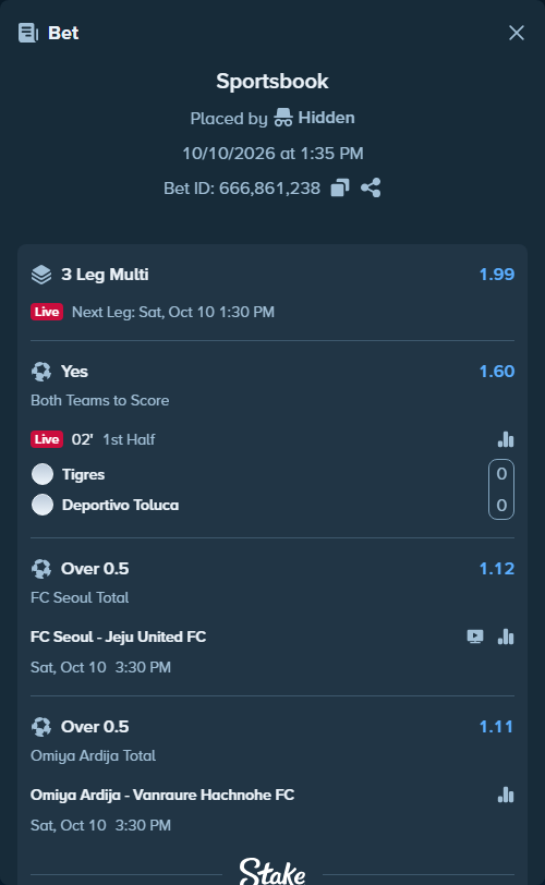 Bet slip: FC Seoul - Jeju SK FC, $10,009.09 stake at 1.12 odds, placed by Hidden