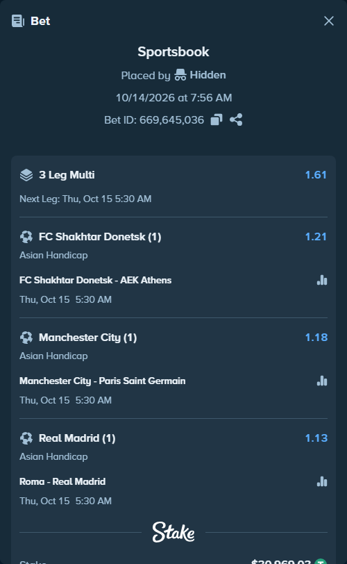 Bet slip: FC Shakhtar Donetsk - AEK Athens, $31,000.00 stake at 1.21 odds, placed by Haliasovskyi