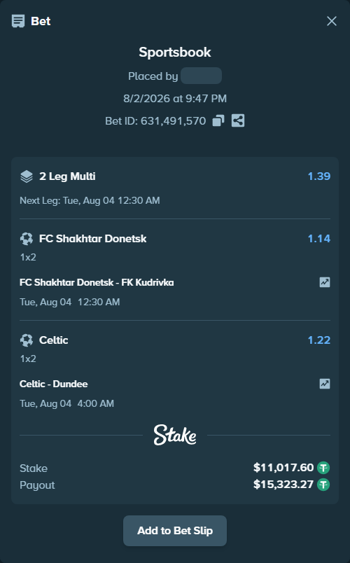 Bet slip: FC Shakhtar Donetsk - FK Kudrivka, $11,028.61 stake at 1.14 odds, placed by Haliasovskyi