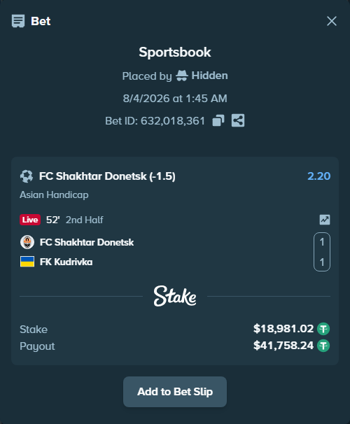 Bet slip: FC Shakhtar Donetsk - FK Kudrivka, $19,000.00 stake at 2.20 odds, placed by Hidden