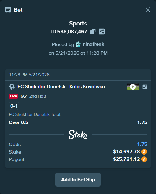 Bet slip: FC Shakhtar Donetsk - Kolos Kovalivka, $12,291.61 stake at 1.75 odds, placed by ninafreak