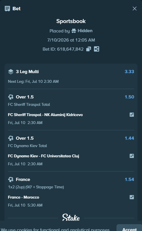 Bet slip: FC Sheriff Tiraspol - Aluminij Kidricevo, $25,000.00 stake at 1.50 odds, placed by TeslaKesla22