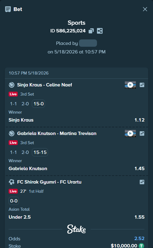 Bet slip: FC Shirak Gyumri - FC Urartu Yerevan, $10,010.00 stake at 1.55 odds, placed by AsTraL11