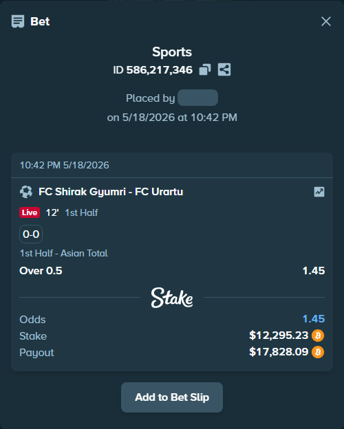 Bet slip: FC Shirak Gyumri - FC Urartu Yerevan, $10,180.61 stake at 1.45 odds, placed by ninafreak