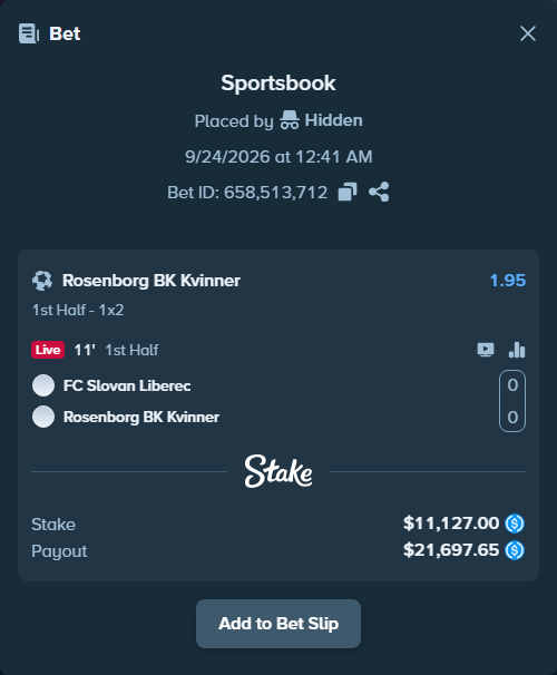 Bet slip: FC Slovan Liberec - Rosenborg BK Kvinner, $11,127.00 stake at 1.95 odds, placed by Hidden