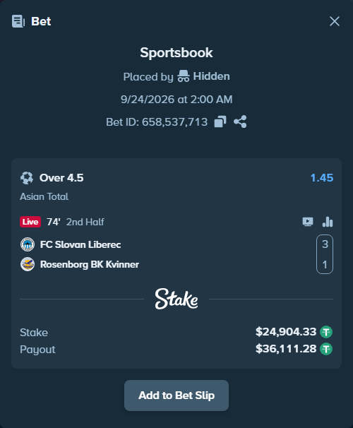 Bet slip: FC Slovan Liberec - Rosenborg BK Kvinner, $24,904.33 stake at 1.45 odds, placed by Hidden