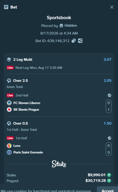 Bet slip: FC Slovan Liberec - Slavia Prague, $10,000.00 stake at 2.05 odds, placed by tlwns4736