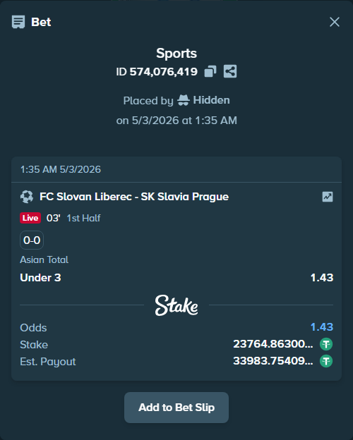 Bet slip: FC Slovan Liberec - Slavia Prague, $23,764.86 stake at 1.43 odds, placed by Hidden