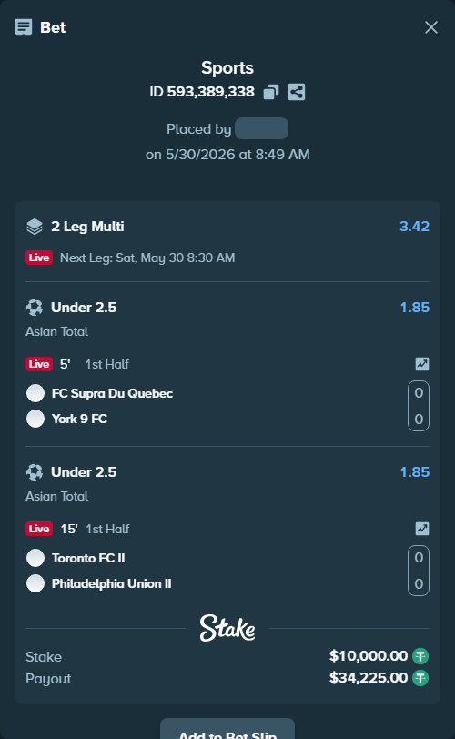 Bet slip: FC Supra Du Quebec - Inter Toronto FC, $10,010.00 stake at 1.85 odds, placed by AsTraL11
