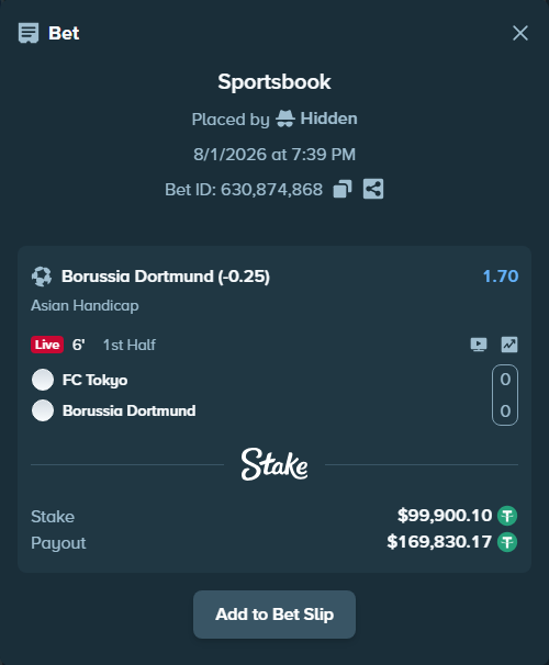 Bet slip: FC Tokyo - Borussia Dortmund, $100,000.00 stake at 1.70 odds, placed by Hidden