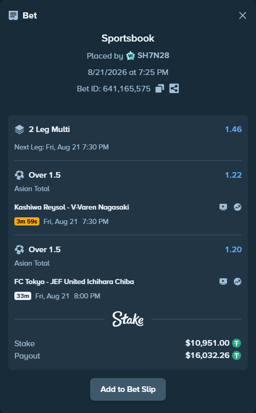 Bet slip: FC Tokyo - JEF United Chiba, $10,951.00 stake at 1.20 odds, placed by SH7N28