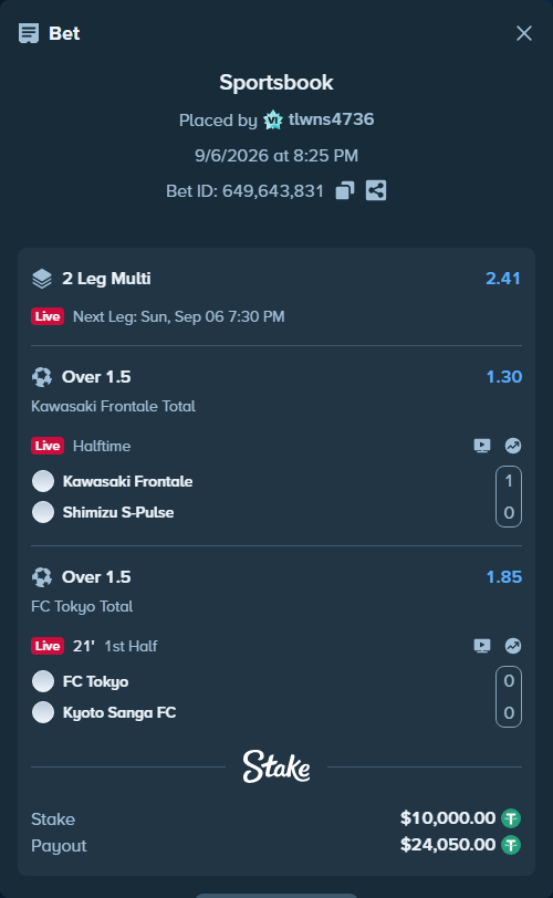 Bet slip: FC Tokyo - Kyoto Sanga FC, $10,000.00 stake at 1.85 odds, placed by tlwns4736