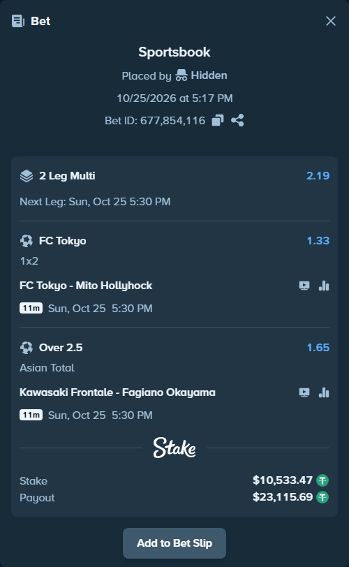 Bet slip: FC Tokyo - Mito Hollyhock, $10,544.00 stake at 1.33 odds, placed by duman6