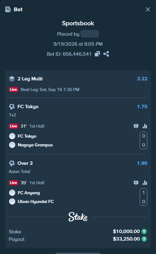Bet slip: FC Tokyo - Nagoya Grampus, $10,000.00 stake at 1.75 odds, placed by tlwns4736