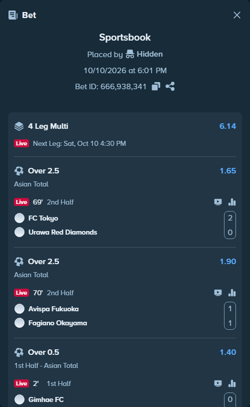 Bet slip: FC Tokyo - Urawa Red Diamonds, $134,329.19 stake at 1.65 odds, placed by Hidden