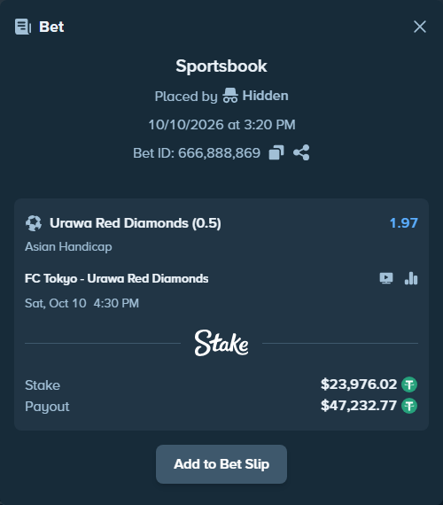 Bet slip: FC Tokyo - Urawa Red Diamonds, $24,000.00 stake at 1.97 odds, placed by Hidden