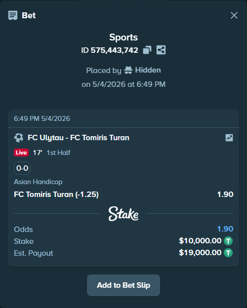 Bet slip: FC Ulytau - FC Tomiris Turan, $10,000.00 stake at 1.90 odds, placed by Hidden