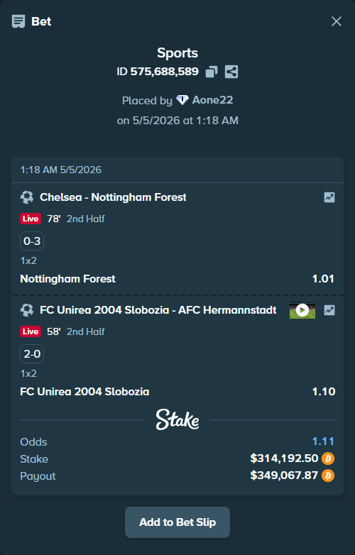 Bet slip: FC Unirea 2004 Slobozia - AFC Hermannstadt, $253,875.33 stake at 1.10 odds, placed by Aone22