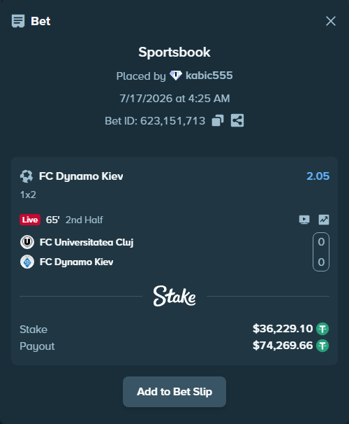 Bet slip: FC Universitatea Cluj - FC Dynamo Kyiv, $36,265.33 stake at 2.05 odds, placed by kabic555