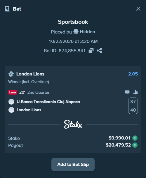 Bet slip: FC Universitatea Cluj - London Lions, $10,000.00 stake at 2.05 odds, placed by WinTr10