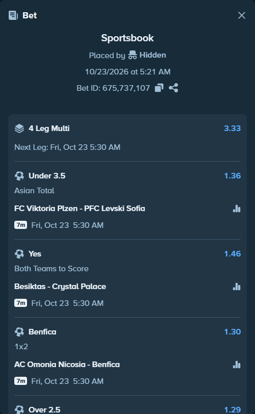 Bet slip: FC Viktoria Plzen - PFC Levski Sofia, $13,989.00 stake at 1.36 odds, placed by SH7N28