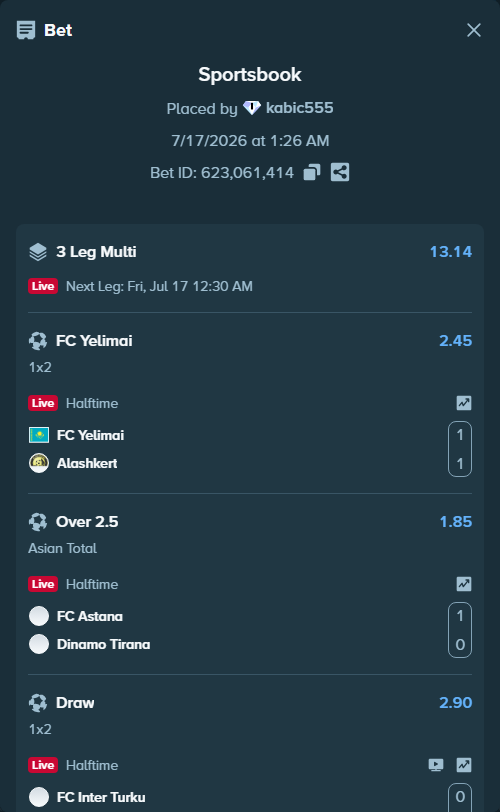 Bet slip: FC Yelimai - FC Alashkert Yerevan, $15,317.69 stake at 2.45 odds, placed by kabic555