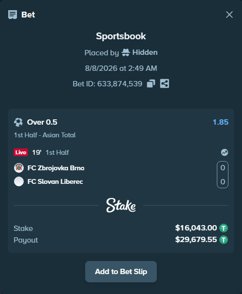 Bet slip: FC Zbrojovka Brno - FC Slovan Liberec, $16,059.04 stake at 1.85 odds, placed by Hidden