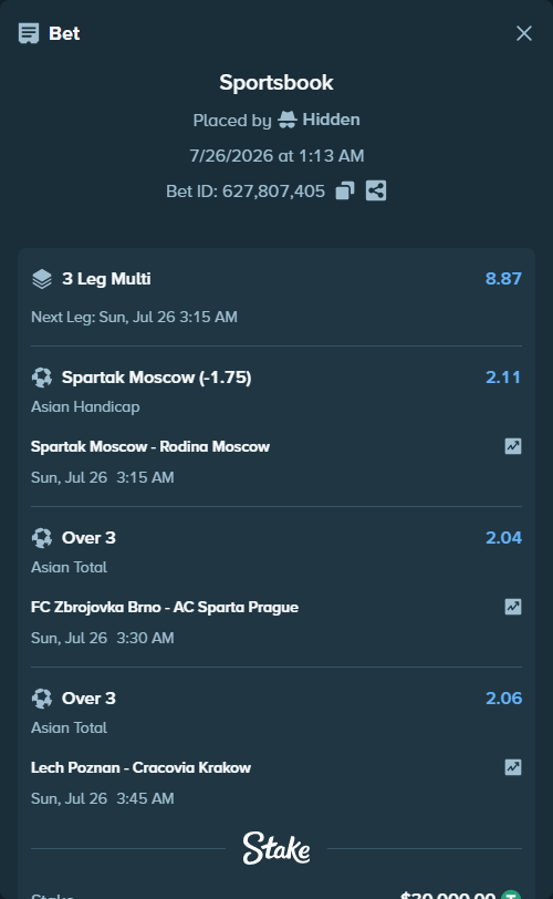 Bet slip: FC Zbrojovka Brno - Sparta Prague, $30,000.00 stake at 2.04 odds, placed by Hidden