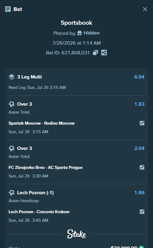 Bet slip: FC Zbrojovka Brno - Sparta Prague, $30,000.00 stake at 2.04 odds, placed by Hidden